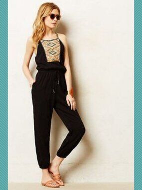 Lilka Black Crinkle Bohemian Embroidered Strappy Tenaya Jumpsuit